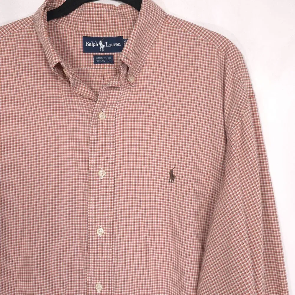 RALPH LAUREN Vintage HONG KONG Yarmouth‎ Cotton Check Tan Brown Shirt MEDIUM